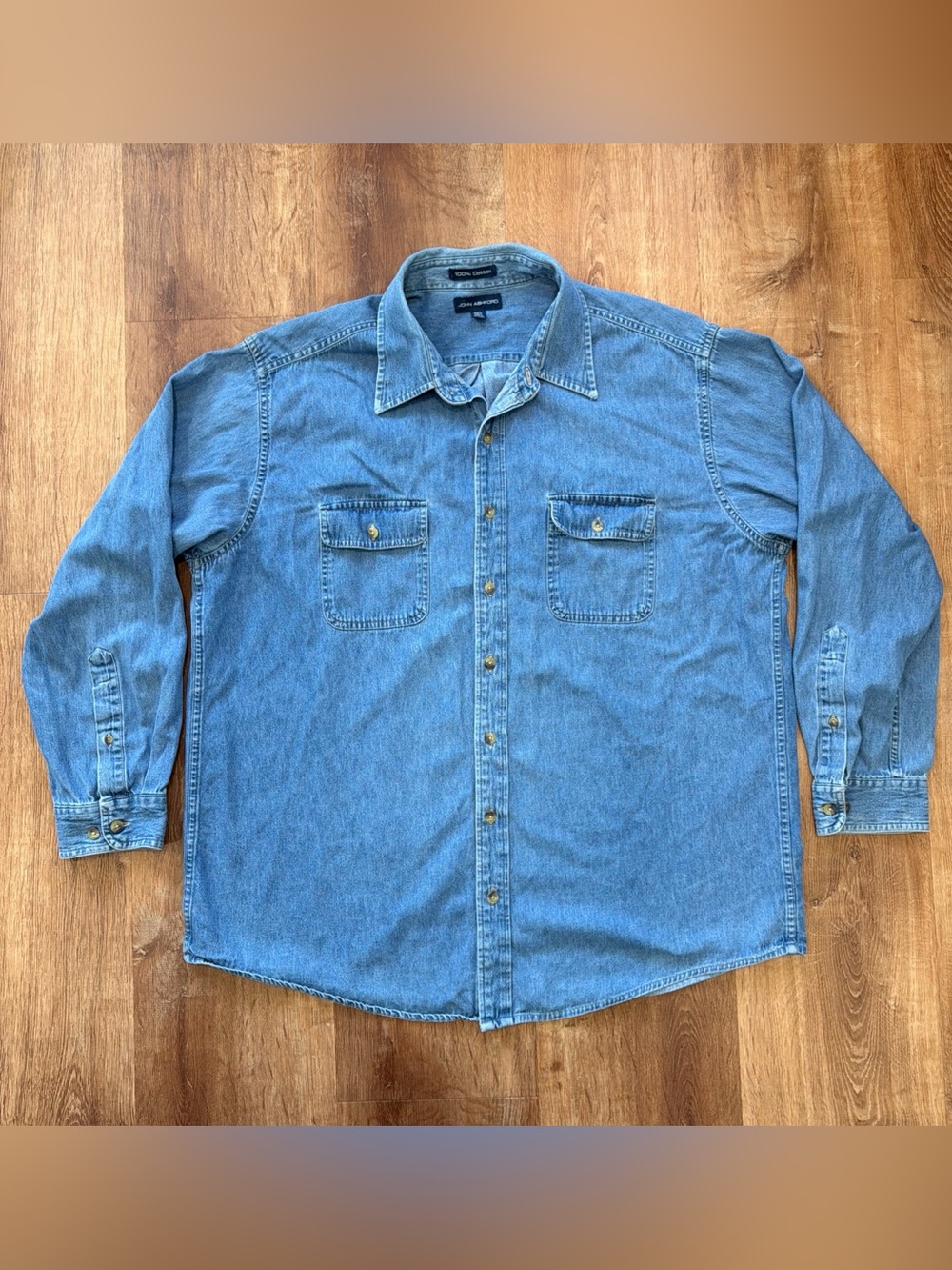 John Ashford Denim Shirt Mens 2XLT Blue Long Sleeve Button Up 100% Cotton Pocket